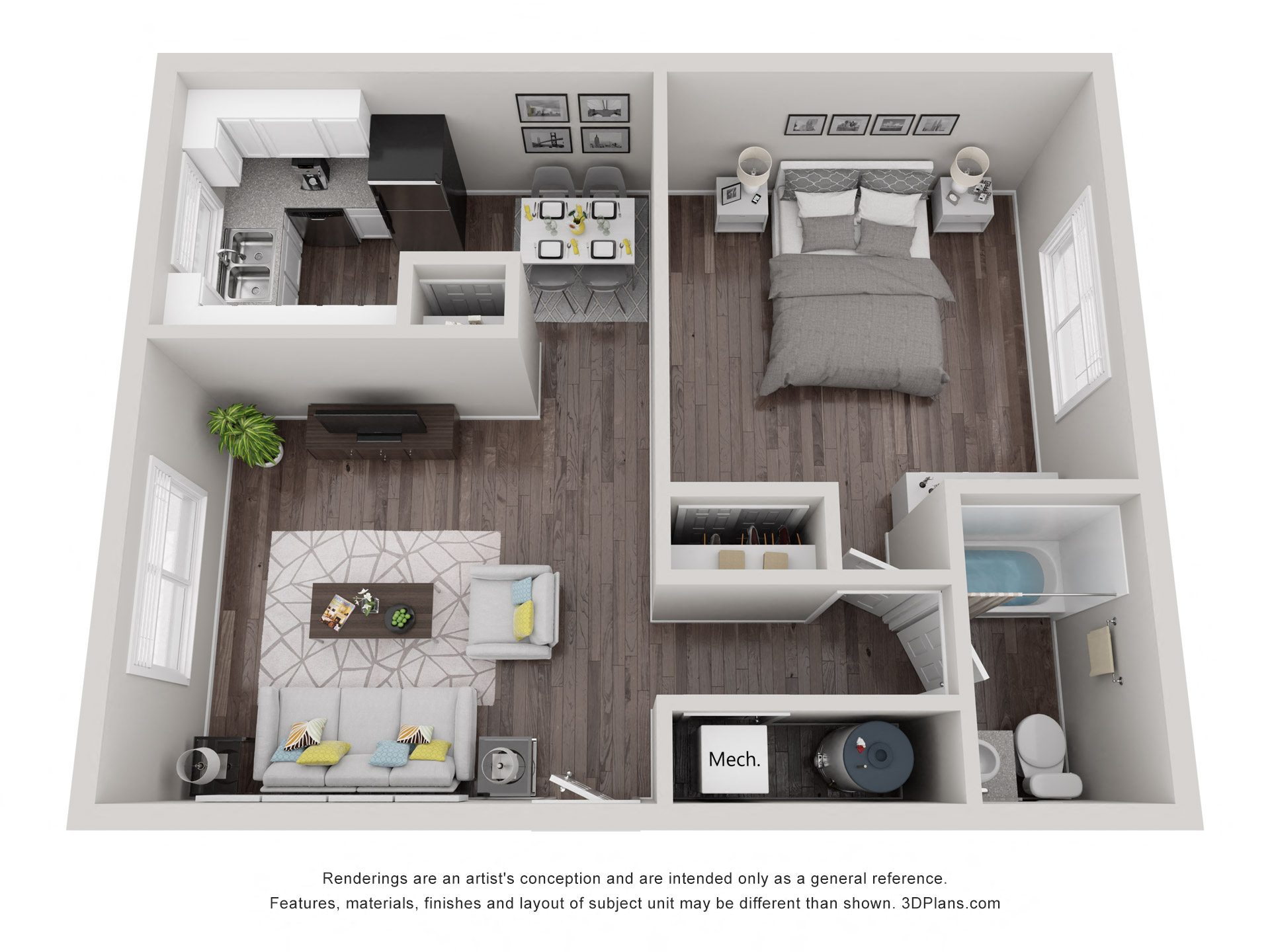 Floor plan for 1 bed, 1 bath, 780 sqft